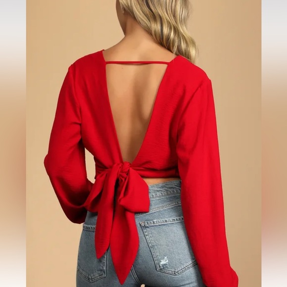 NWT Style Success Red Long Sleeve Tie-Back Crop Top - Picture 2 of 6